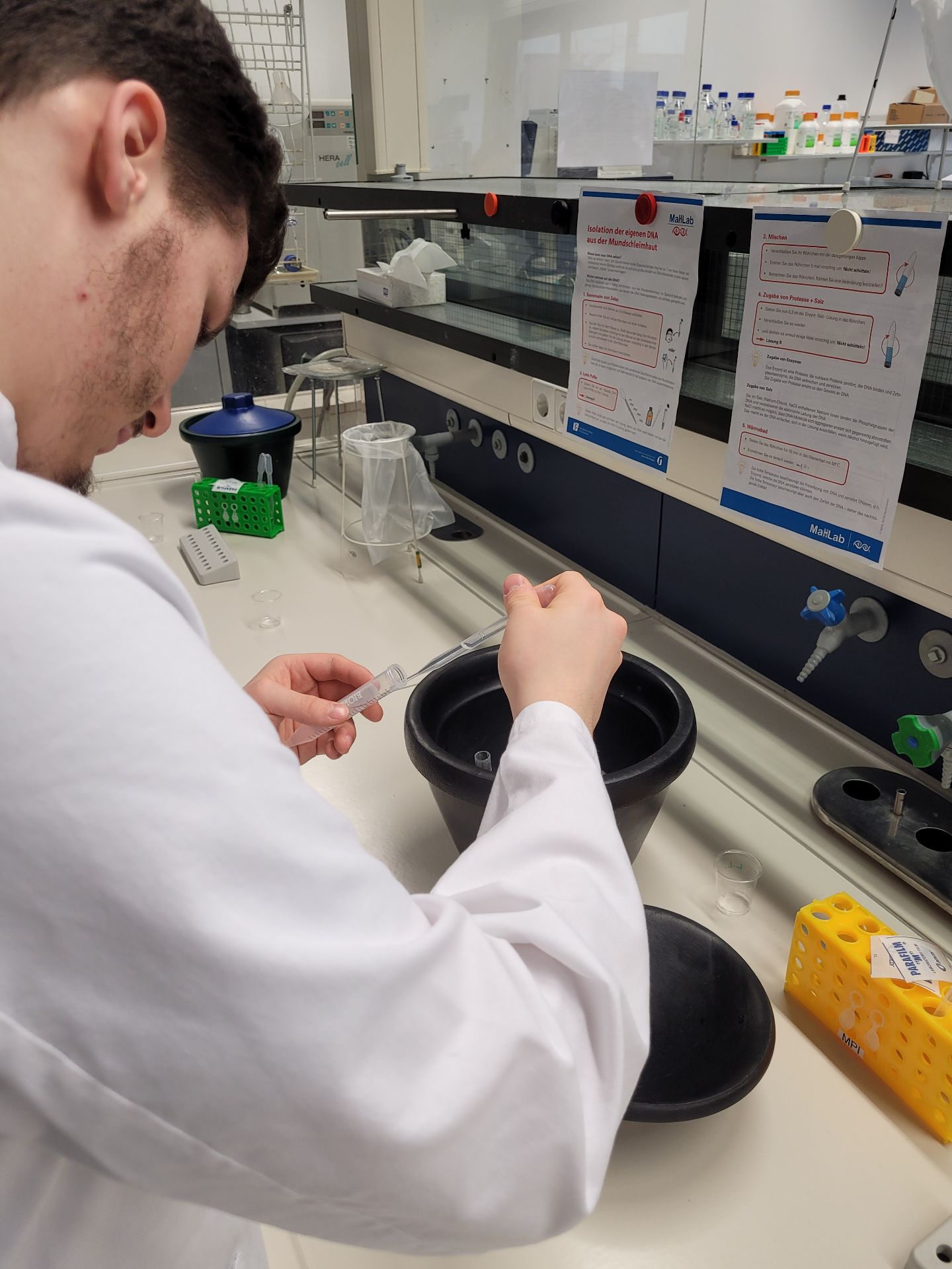 Ein Schler beim Isolieren der eigenen DNA 